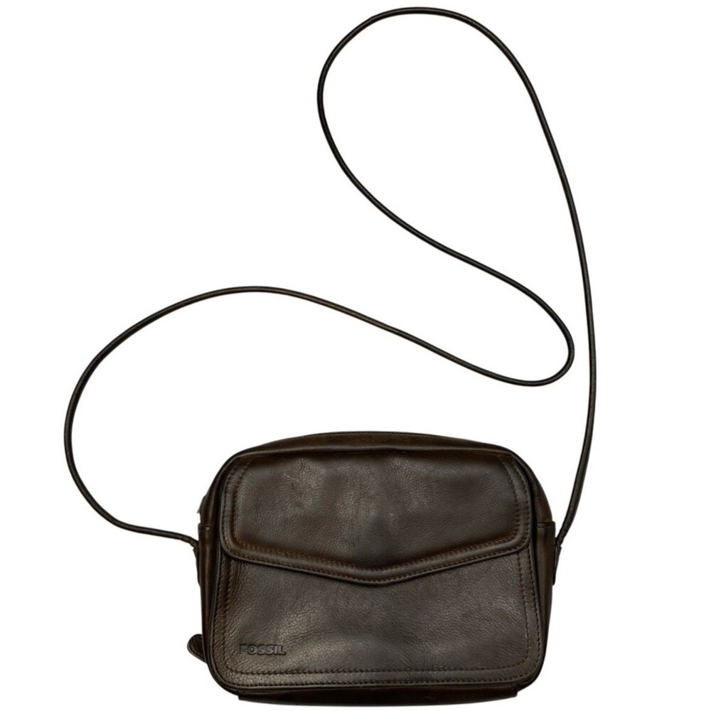 Fossil Vintage Y2K Dark Brown Leather Crossbody Wallet Organizer Bag Travel